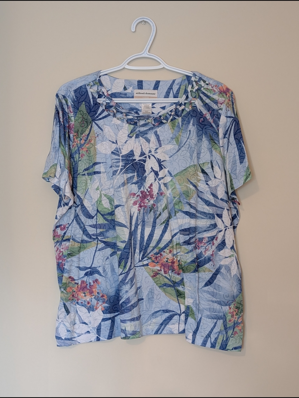 Alfred Dunner Blue Tropical Leaf Print Short Sleeve Tee, Size 2X